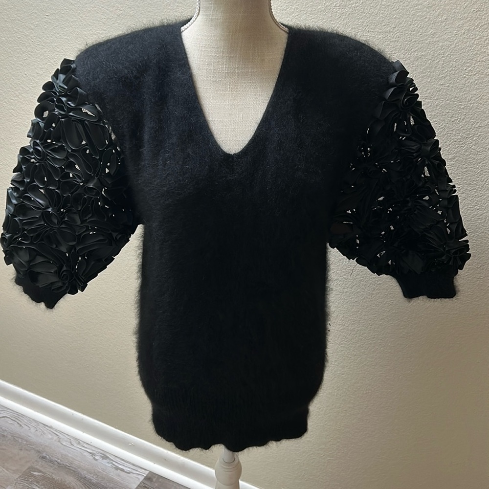 Black Angora top with black satin ribbon embellished 3/4 inch sleeves.